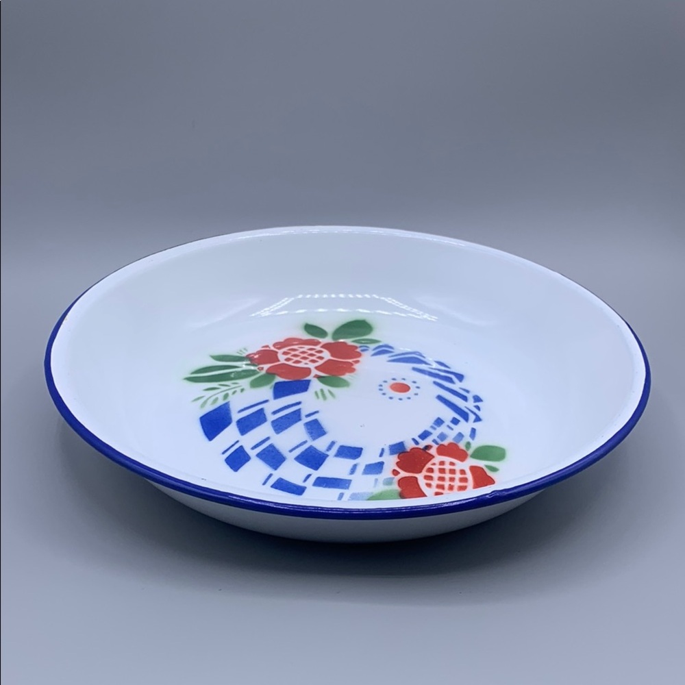 Vintage Butterfly Brand Enamelware Bowl Ted Flowers Geometric Shapes